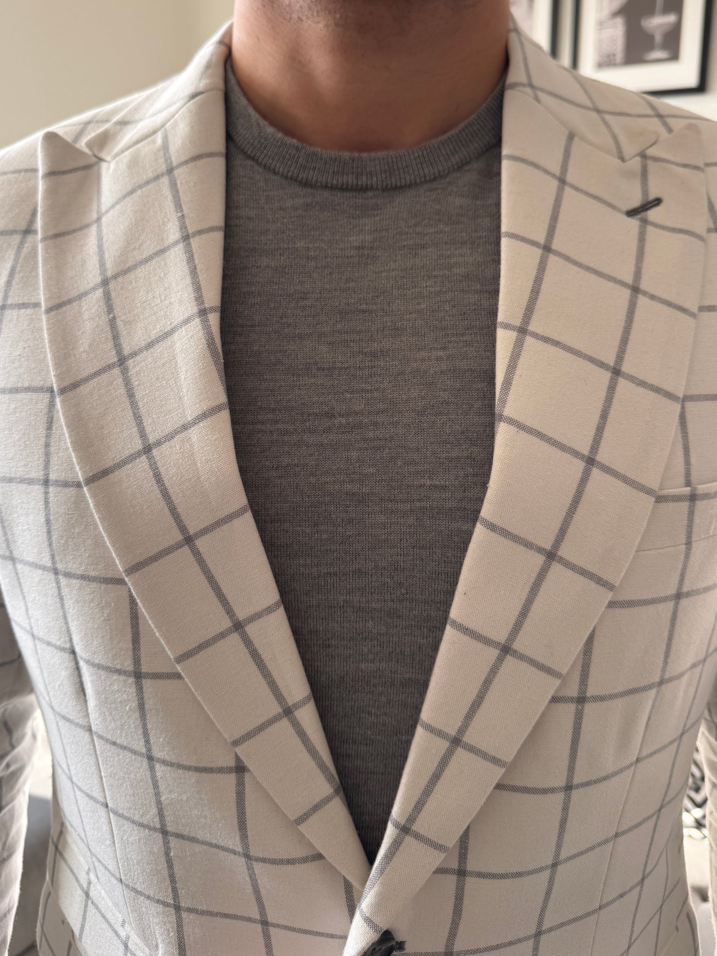 Cream Windowpane Linen and Cotton Summer Blazer