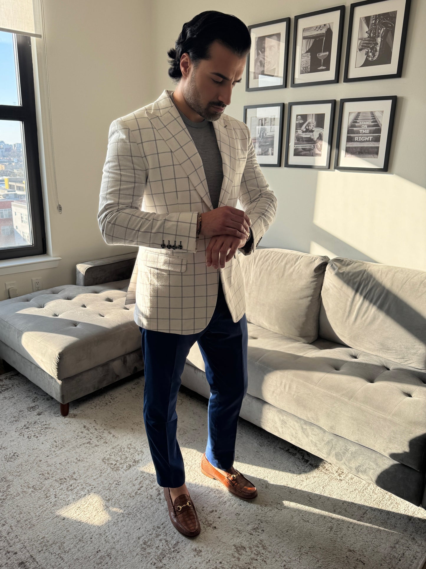 Cream Windowpane Linen and Cotton Summer Blazer