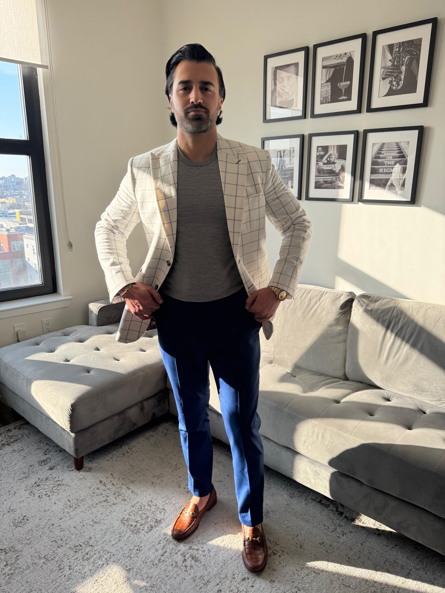 Cream Windowpane Linen and Cotton Summer Blazer