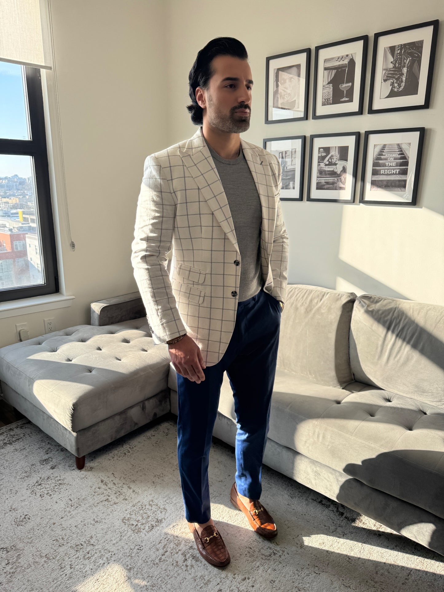 Cream Windowpane Linen and Cotton Summer Blazer