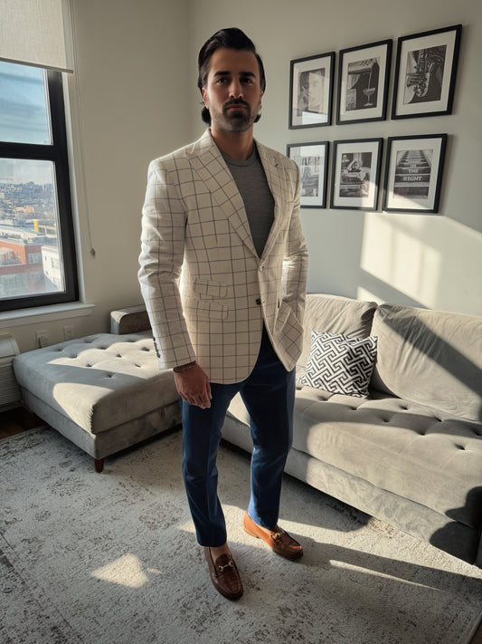 Cream Windowpane Linen and Cotton Summer Blazer